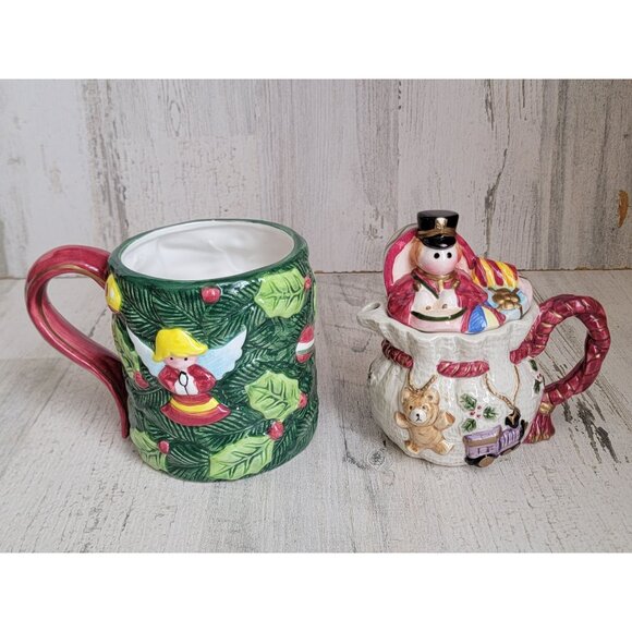 Vintage ceramic mug cup mini creamer pot angel toy xmas set decor - Picture 1 of 8